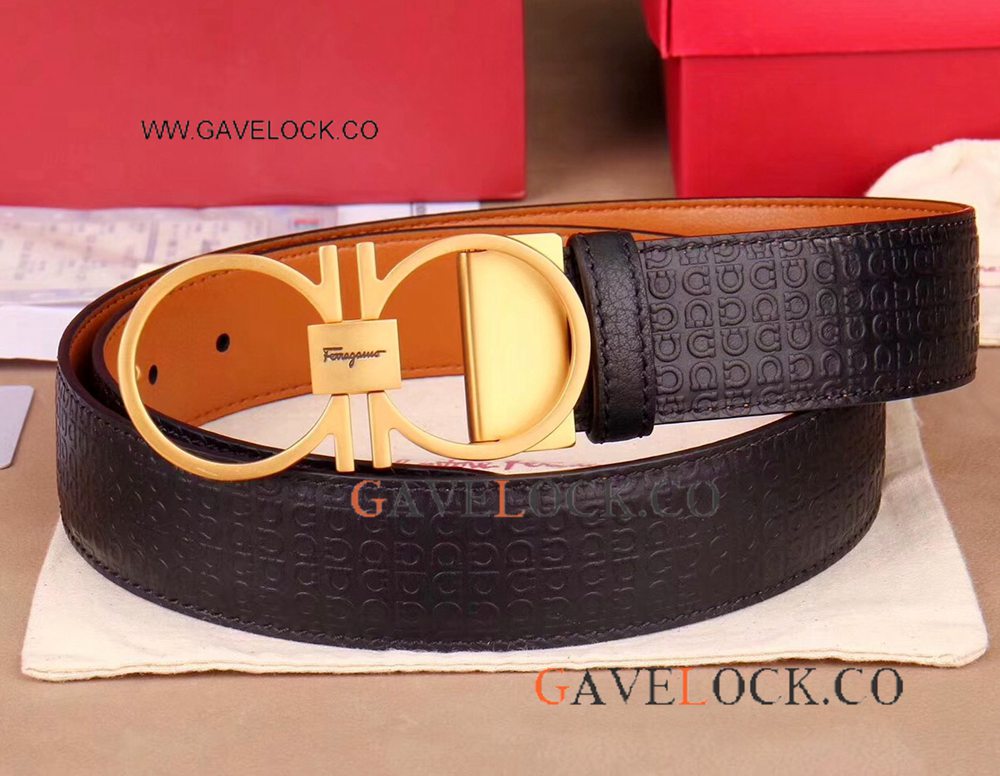 Replica Italy Ferragamo Leather Belt Black Gold Ferragamo Belt